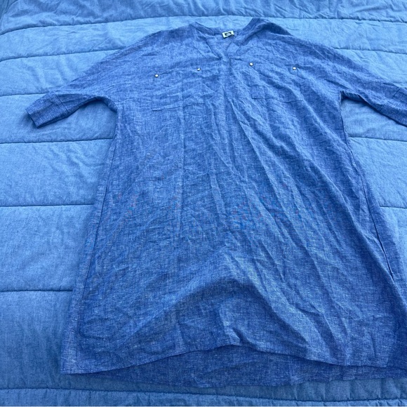 Anne Klein Blue 3/4 Sleeve Linen Blend V-Neck Knee Length Shirt Dress Size 12 - Picture 1 of 6